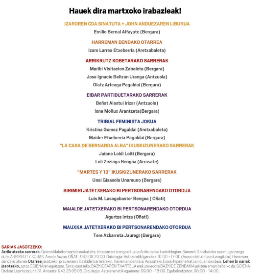Hauek dira Goiena Klubeko martxoko sarien irabazleak