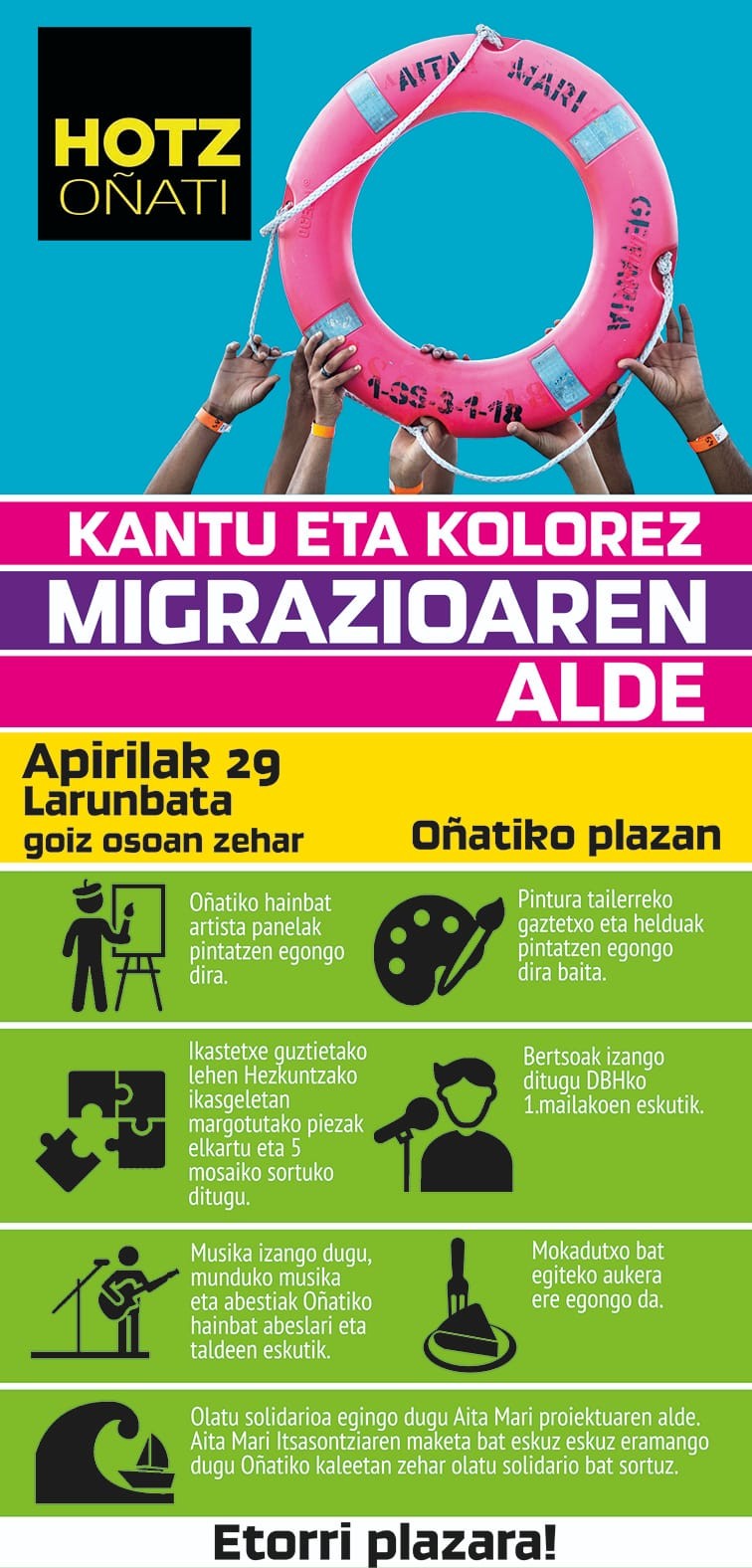 Kantu eta kolorez migrazioaren alde (zapatuan Oñatiko plazan)
