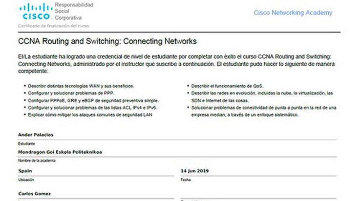 Sareko Informatika Sistemen Administrazioko (ASIR) ikasleak, CCNA (Cisco Certified Network Associate)