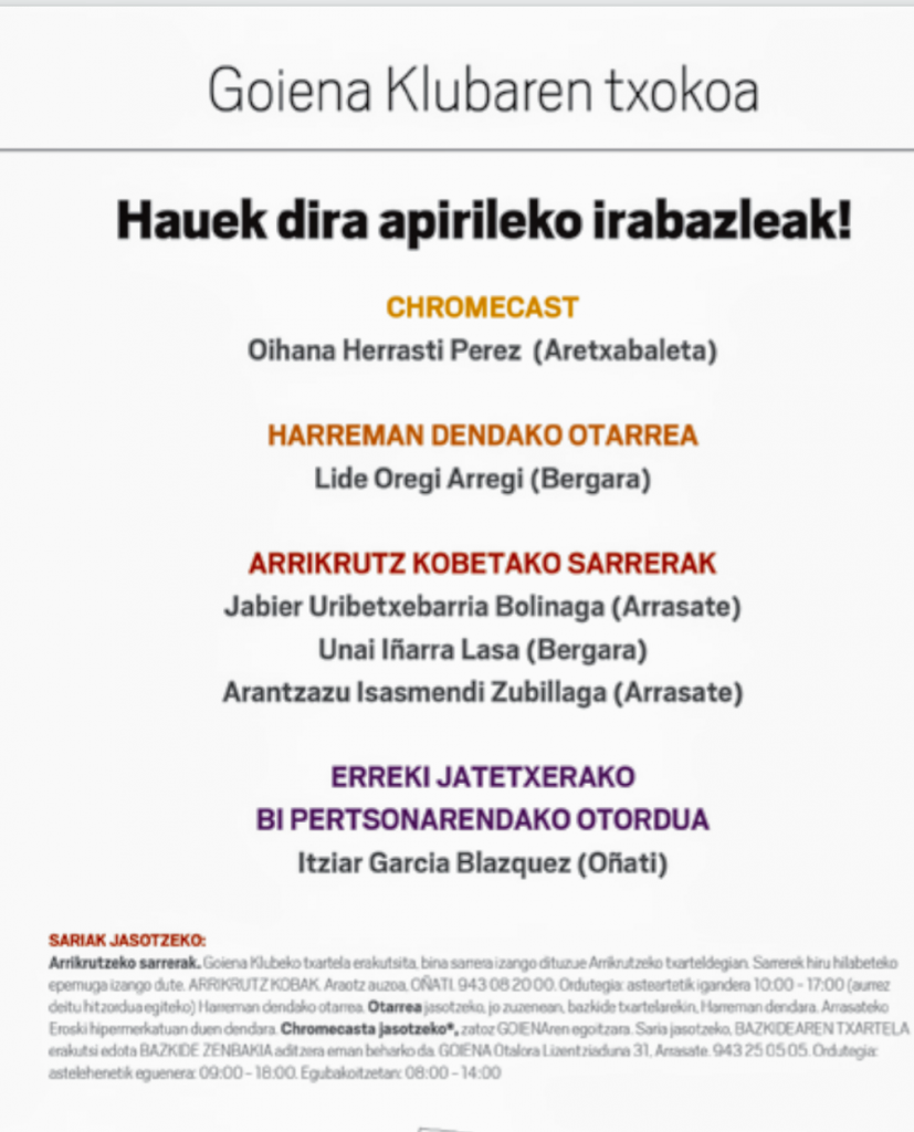 Apirileko sarien irabazleak