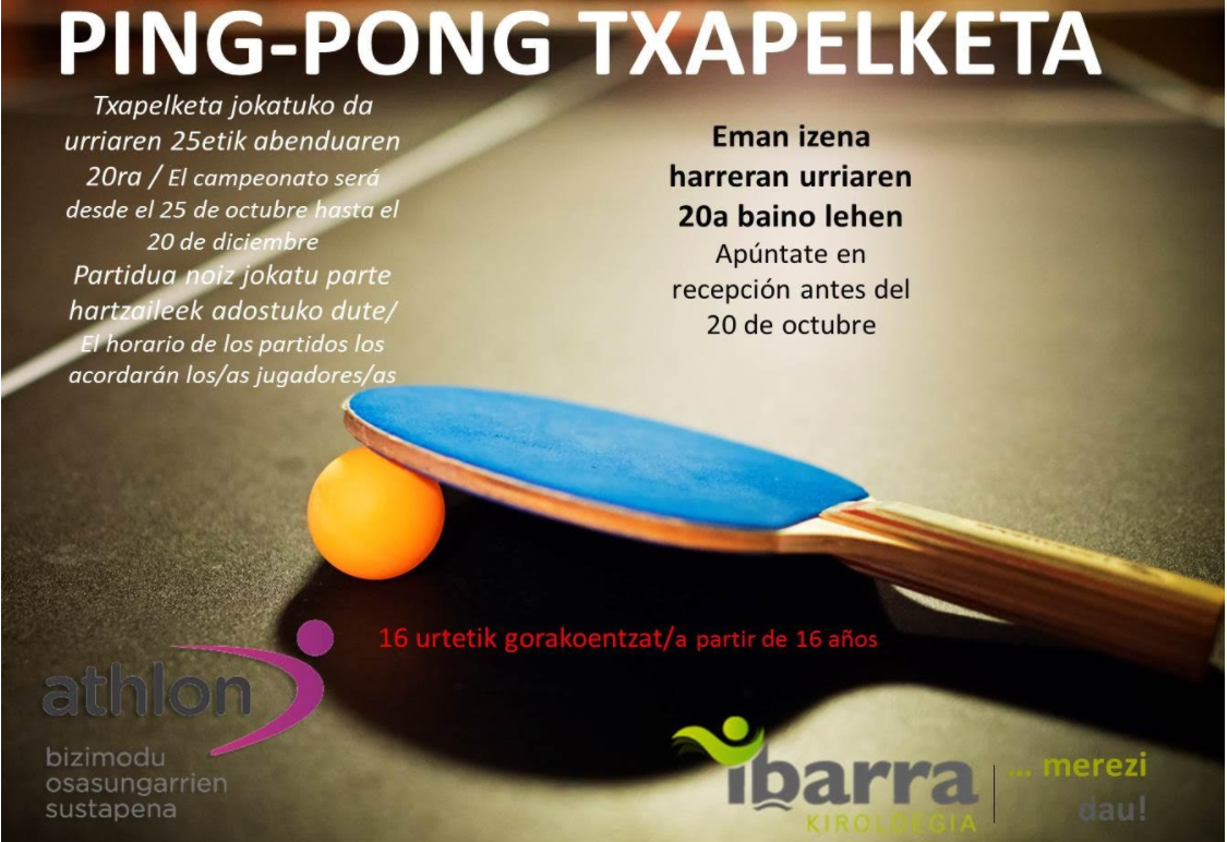 Ping-pong txapelketa antolatu dute urriaren 25etik abenduaren 20ra bitartean jokatzeko