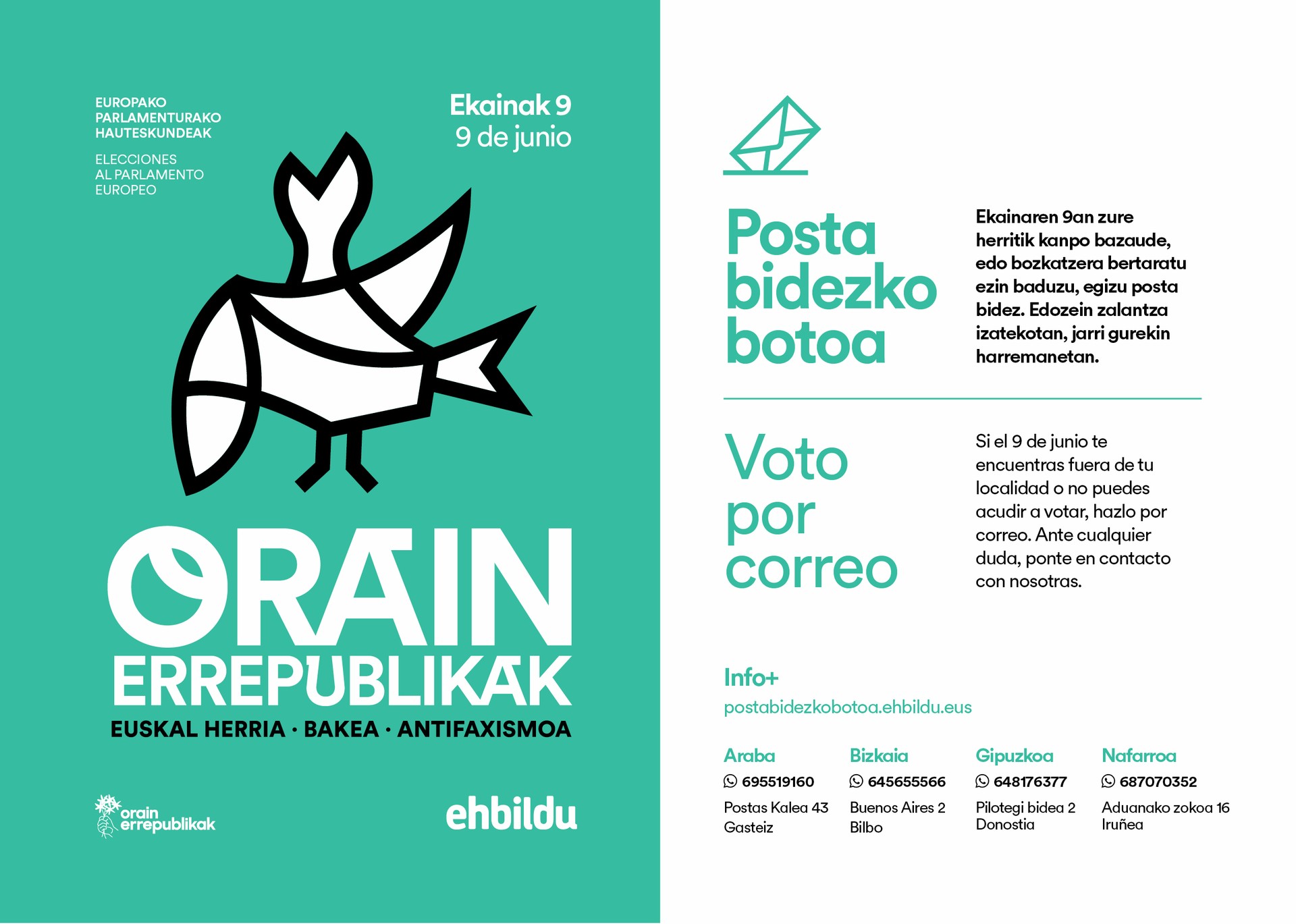Arrasateko EH Bilduk Europako Hauteskundeetarako posta bidezko botoa eskatzeko laguntza ordutegia eskainiko du Bilgunean