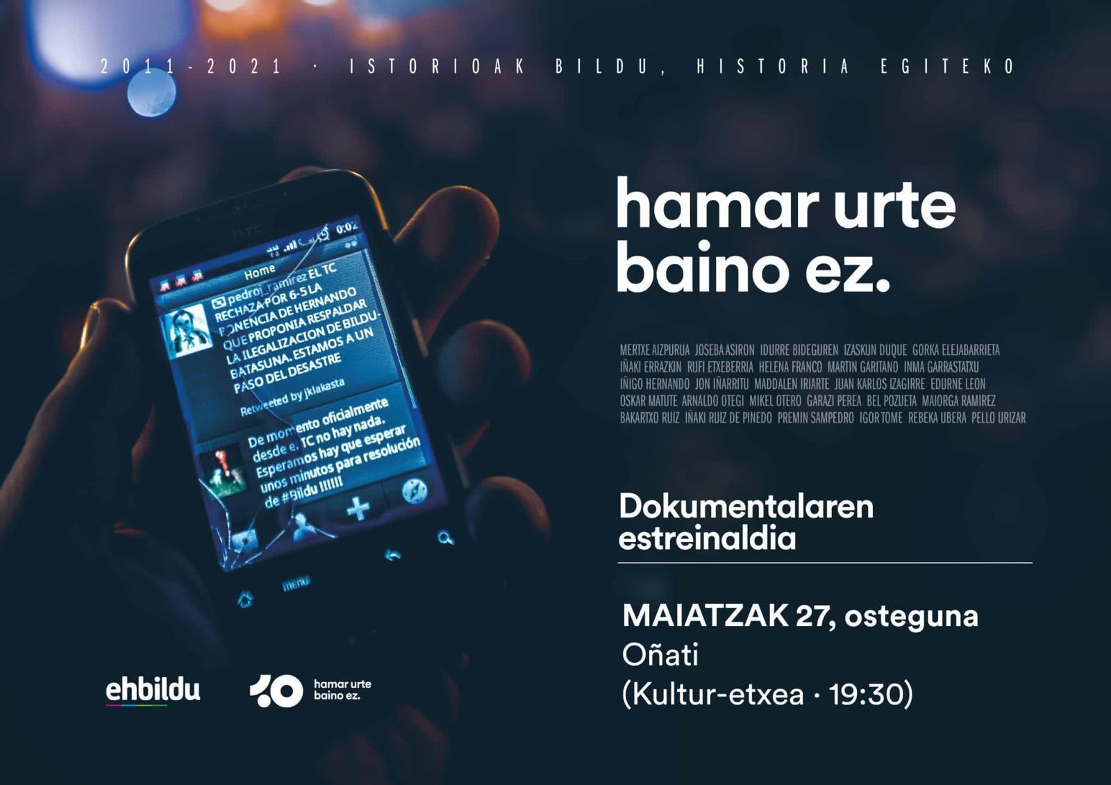 "Hamar urte baino ez" dokumentalaren emanaldia