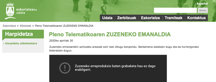 Ez ohiko osoko bilkura telematikoa ezin izan da online jarraitu