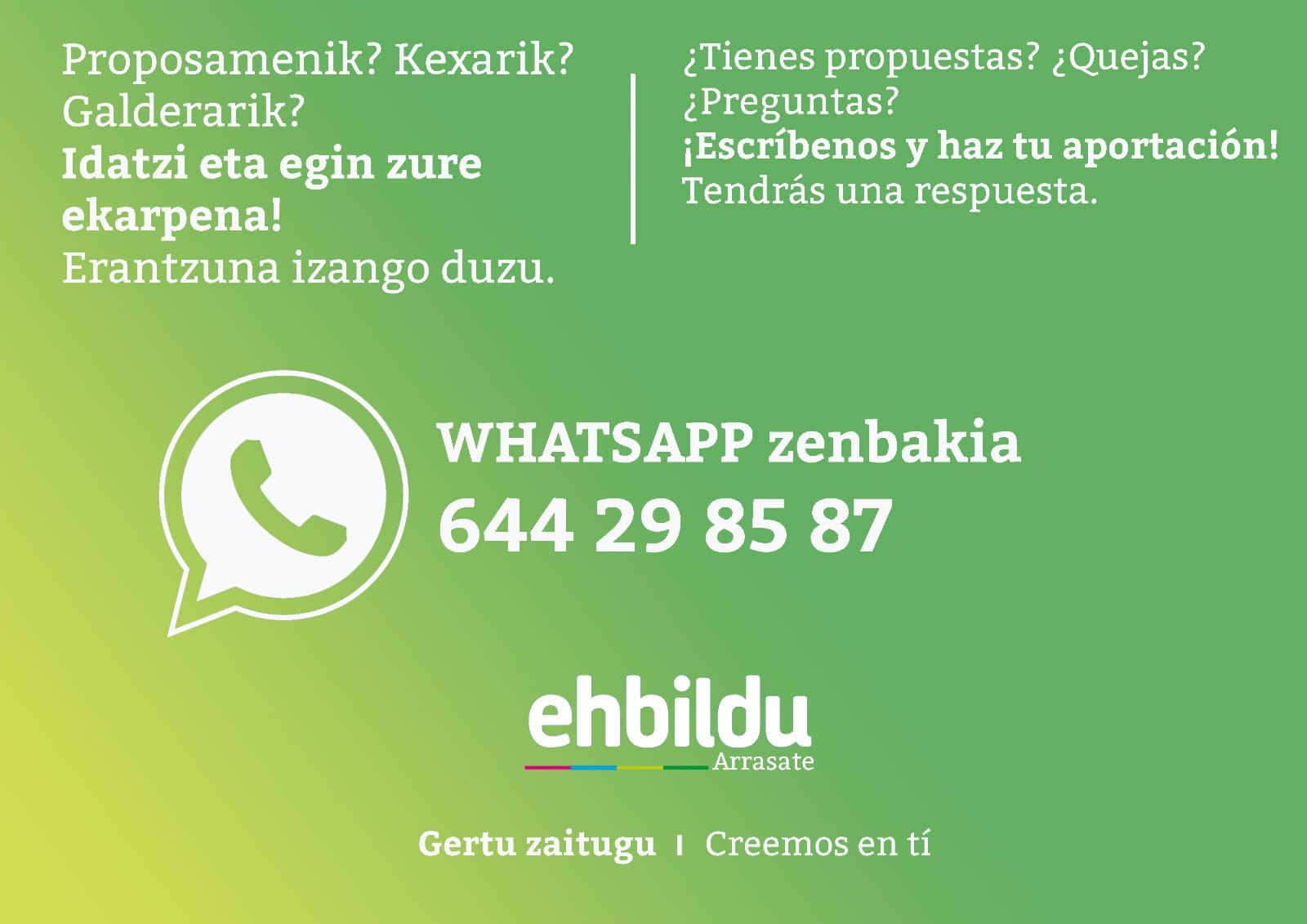 Arrasateko EH BILDUren whatsapp zenbaki berria