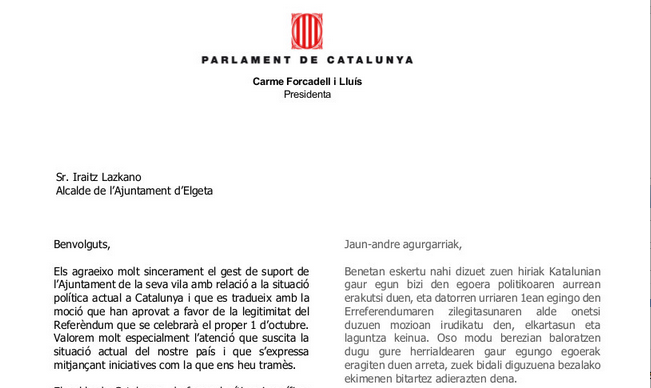 Adierazitako babesa eskertzeko gutuna jaso du Elgetako Udalak Kataluniatik