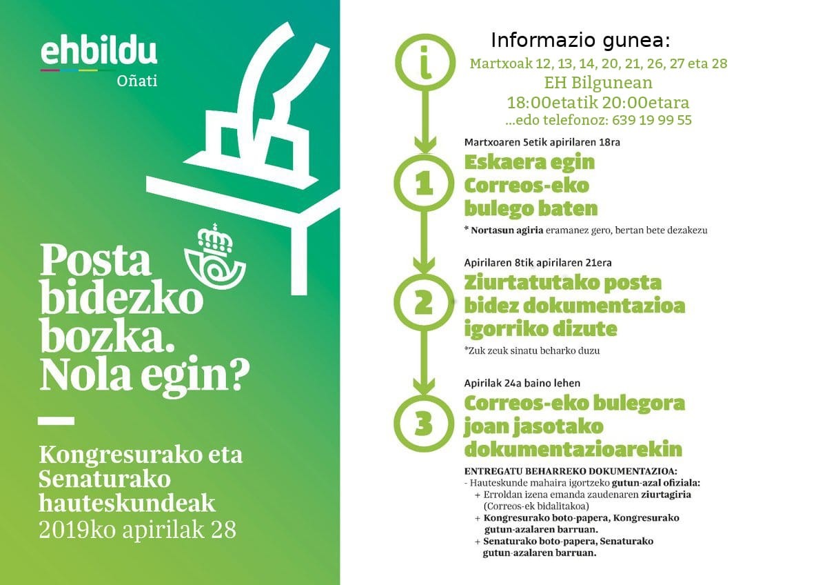 Estatuko hauteskundeak: posta bidezko bozka egiteko aukera gaurtik aurrera EH Bilgunean