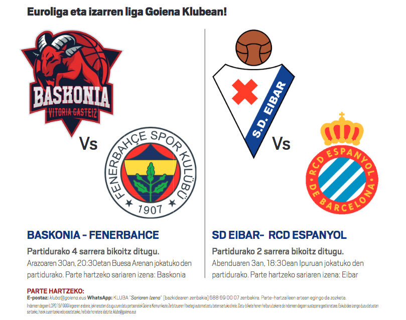 Baskonia-Fenerbahce eta Eibar-Espanyol ikusteko aukera