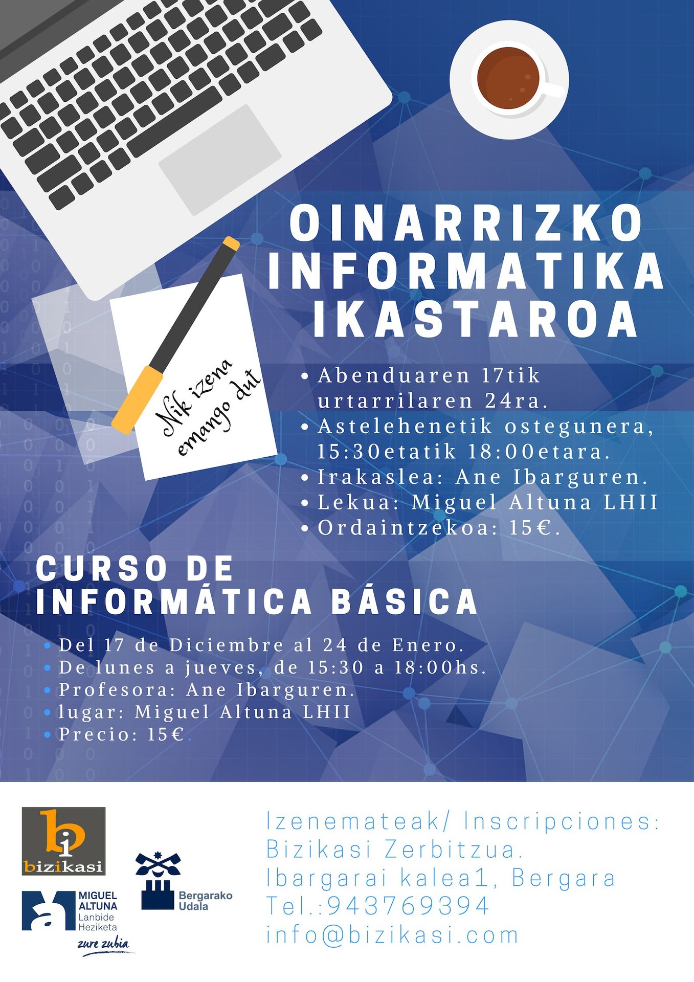 Oinarrizko informatika ikastaroa eskainiko da Bergaran