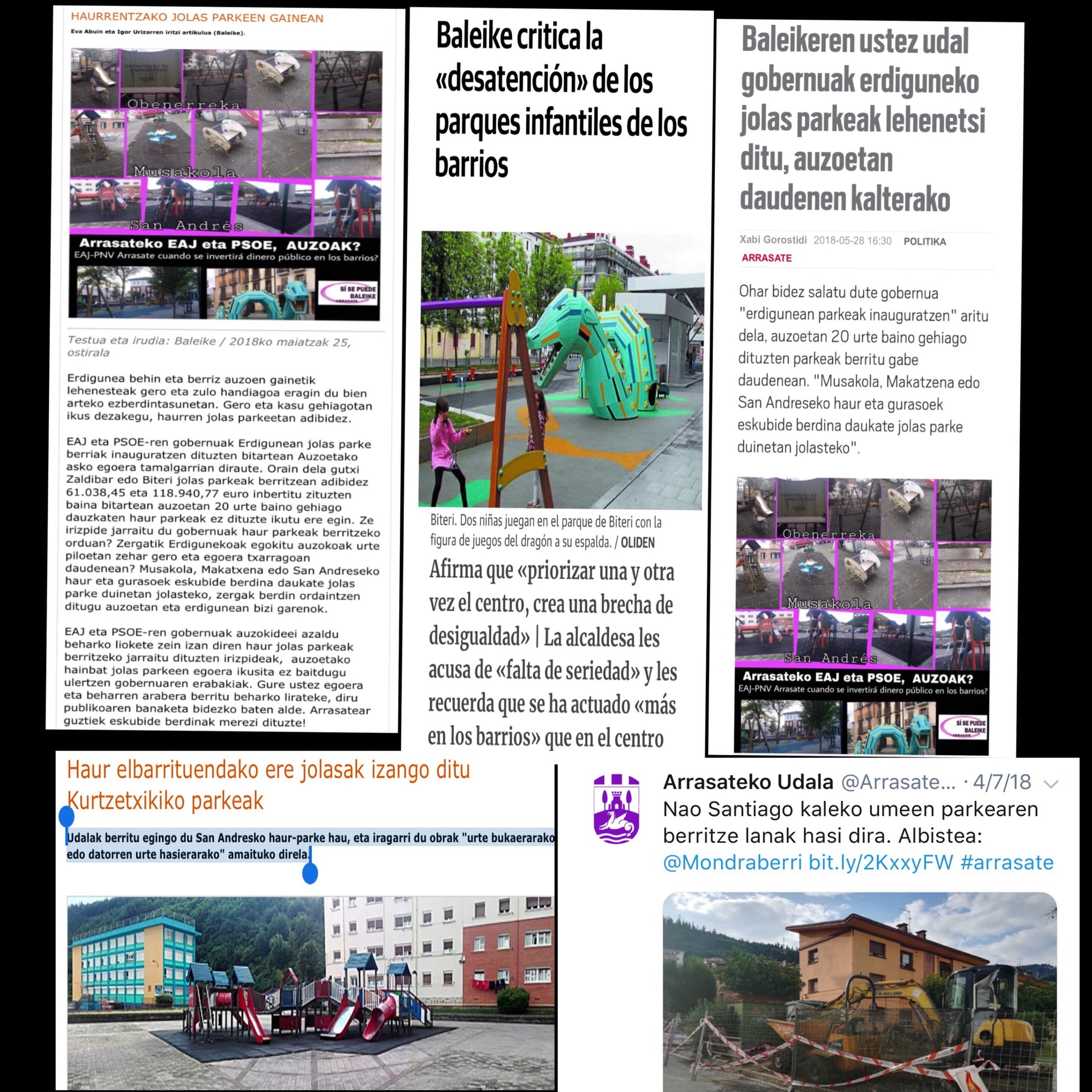 Baleikek auzoetako jolas parkeen egoera salatu du berriz