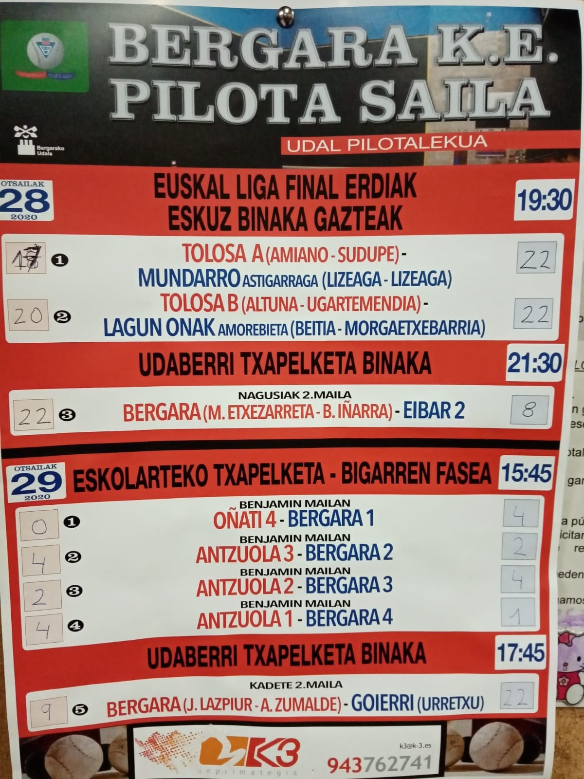 Asteburuko etxeko pilota partiduak eta Euskal ligako emaitza