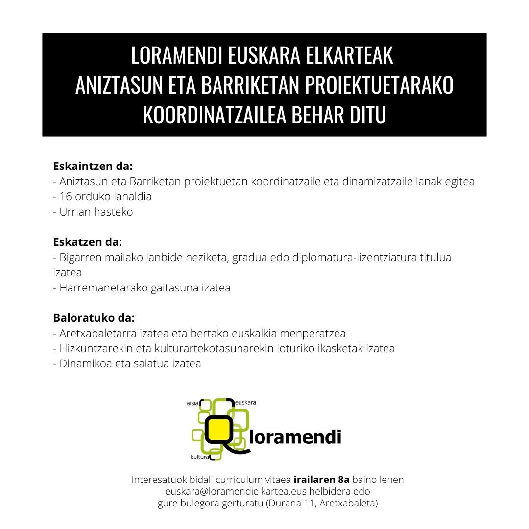 Aniztasun eta Barriketan proiektuetarako koordinatzaile bila
