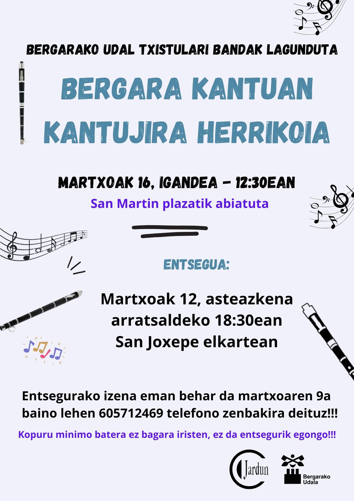 Martxoaren 16an kantujira herrikoia egingo dugu Udal txistulariekin batera!!