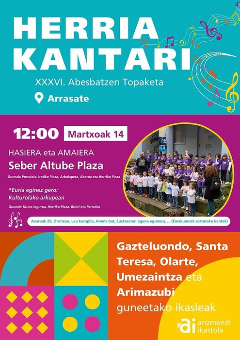 Arizmendi Ikastolak "Herria Kantari" jaialdia ospatuko du bihar, martxoaren 14an