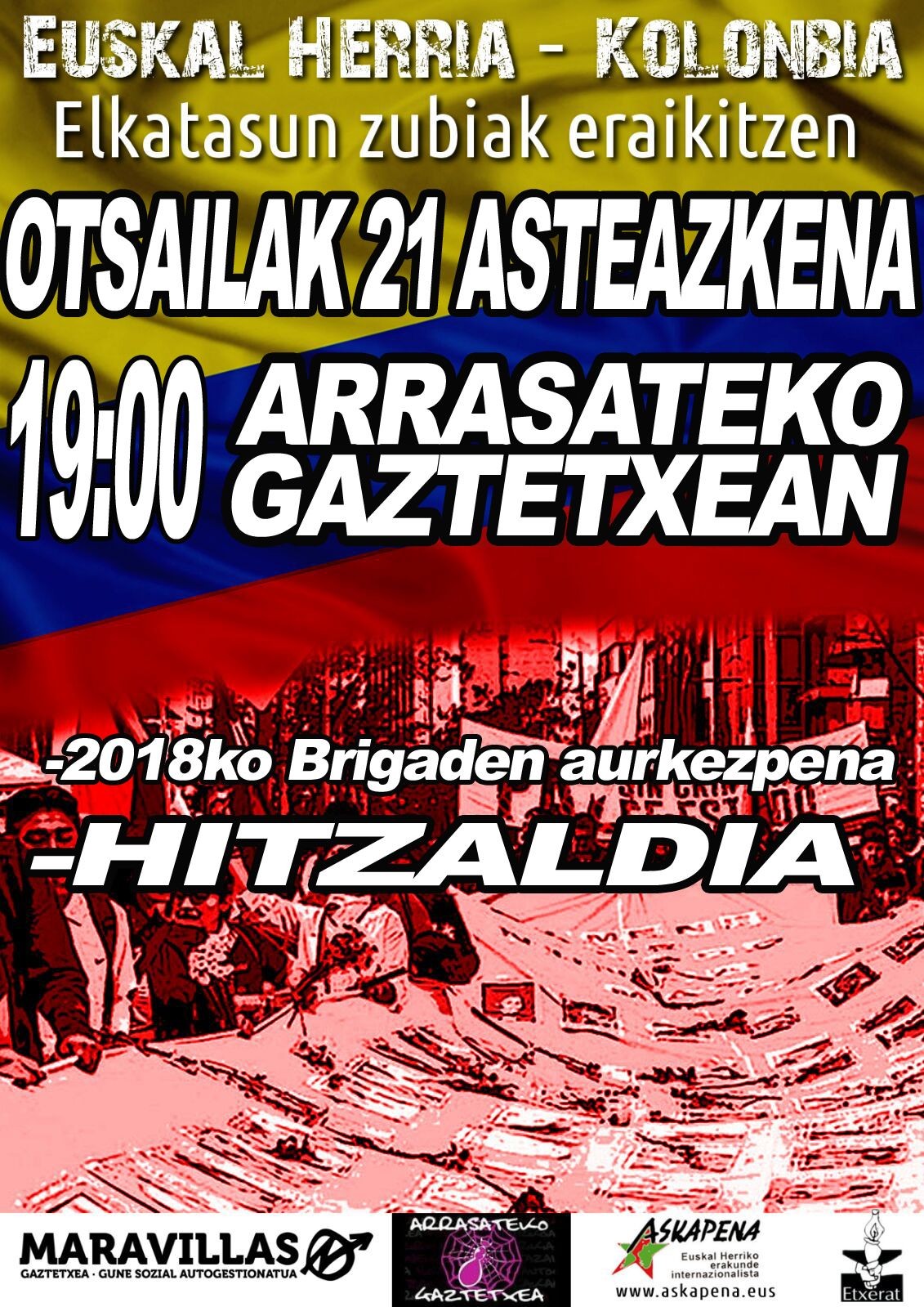 'Euskal Herria - Kolonbia: elkartasun zubiak eraikitzen' hitzaldia eskainiko dute eguaztenean