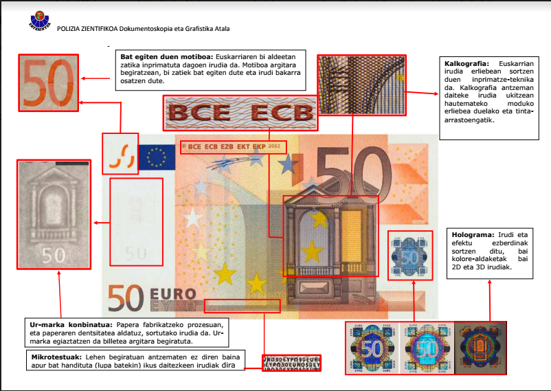 Ertzaintzak 50 euroko billete faltsuen gorakadaz ohartarazi du