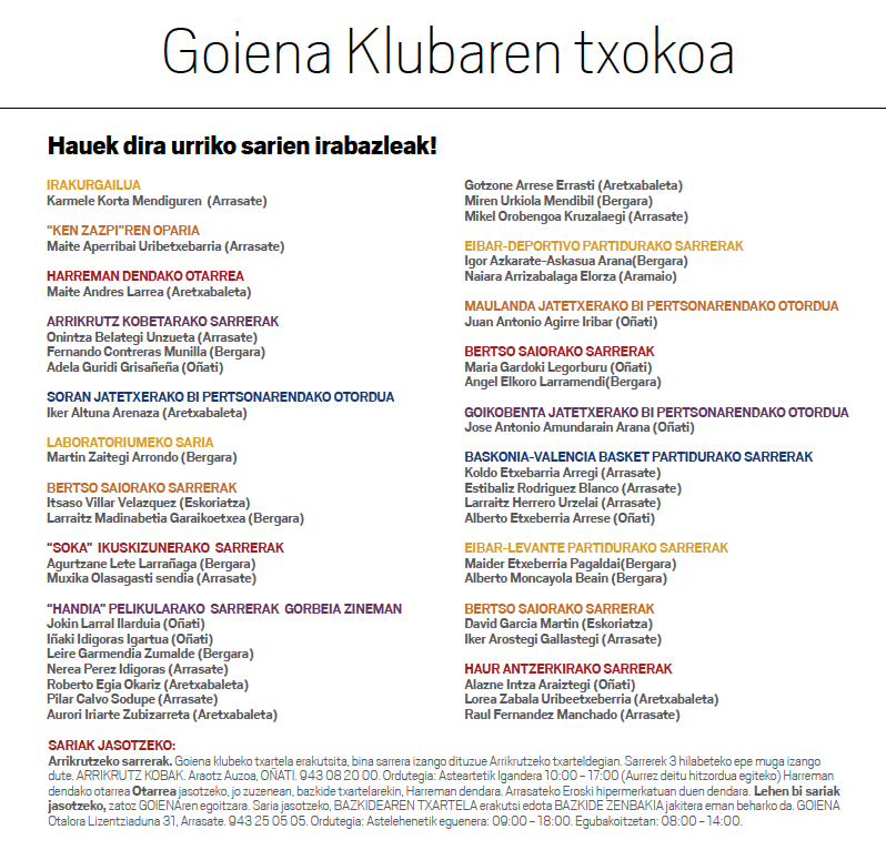 Goiena Klubeko urriko sarien irabazleak