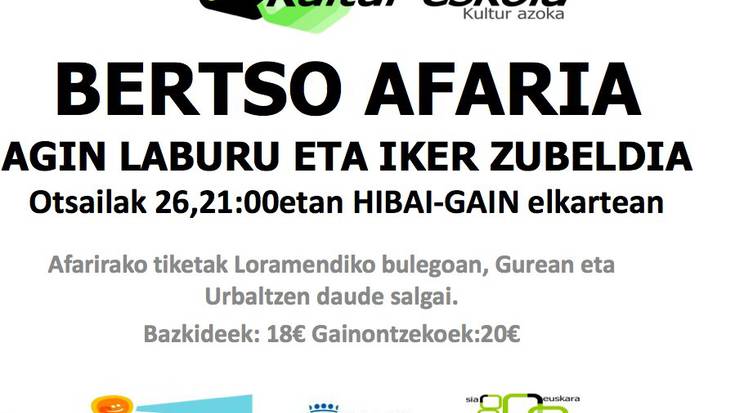 Agin Laburu eta Iker Zubeldiarekin bertso afaria otsailaren 26an