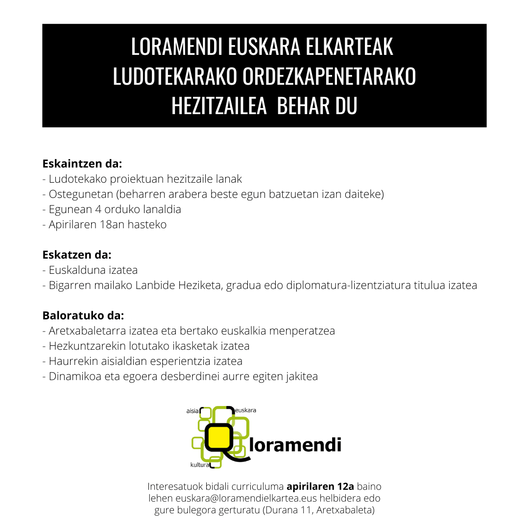 Loramendi Elkarteak Ludotekako ordezkapenetarako hezitzailea behar du