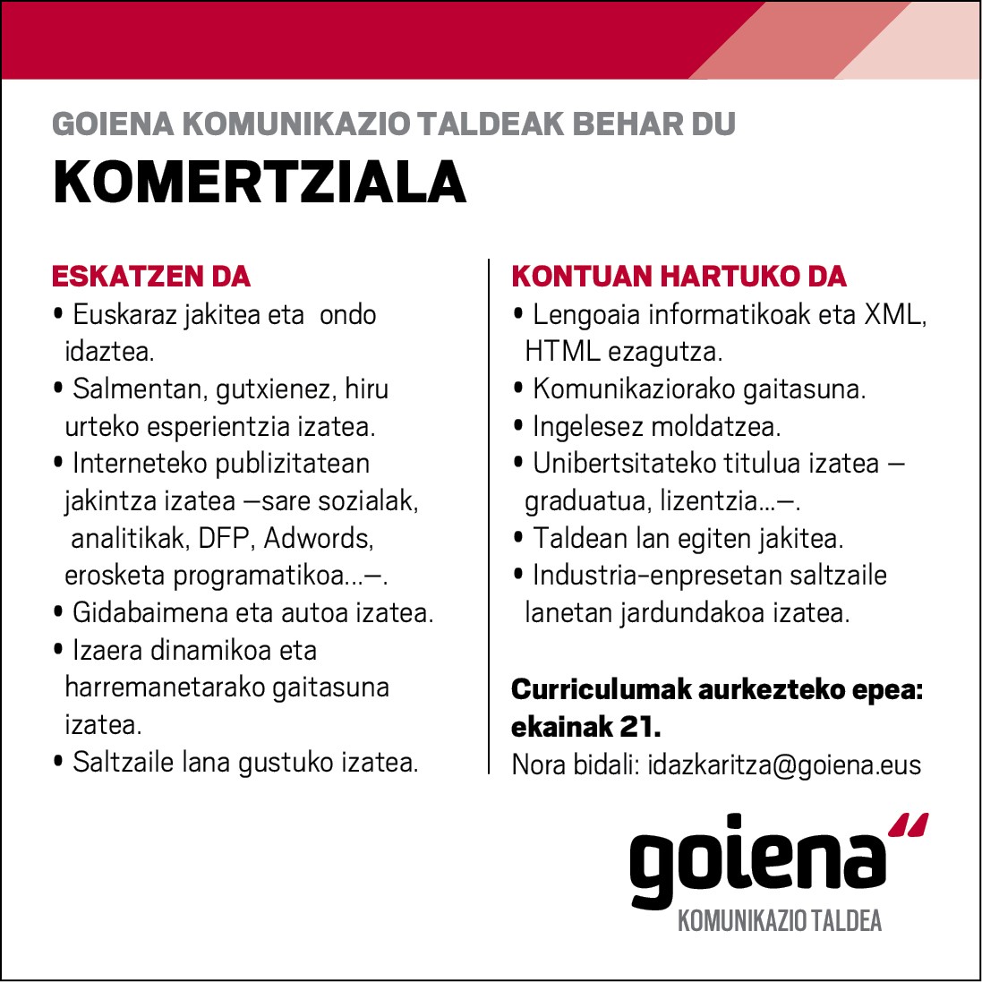 Lan eskaintza: Komertziala