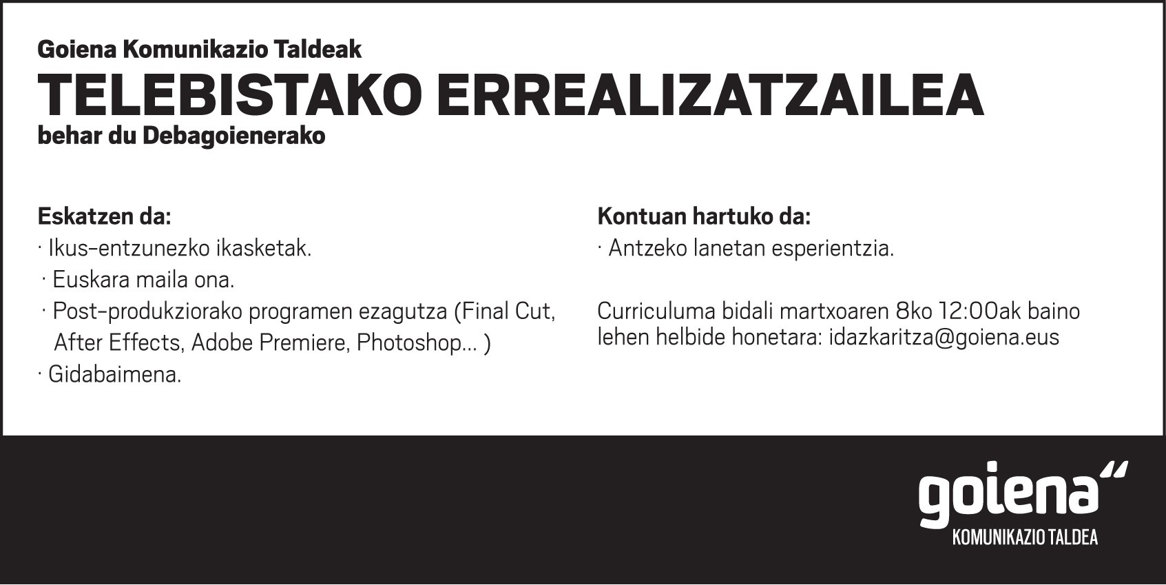 Lan eskaintza: Telebistako errealizatzailea 
