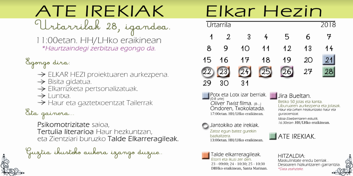 ATE IREKIAK ELKAR HEZIN. URTARRILAK 28, 11:00etan.