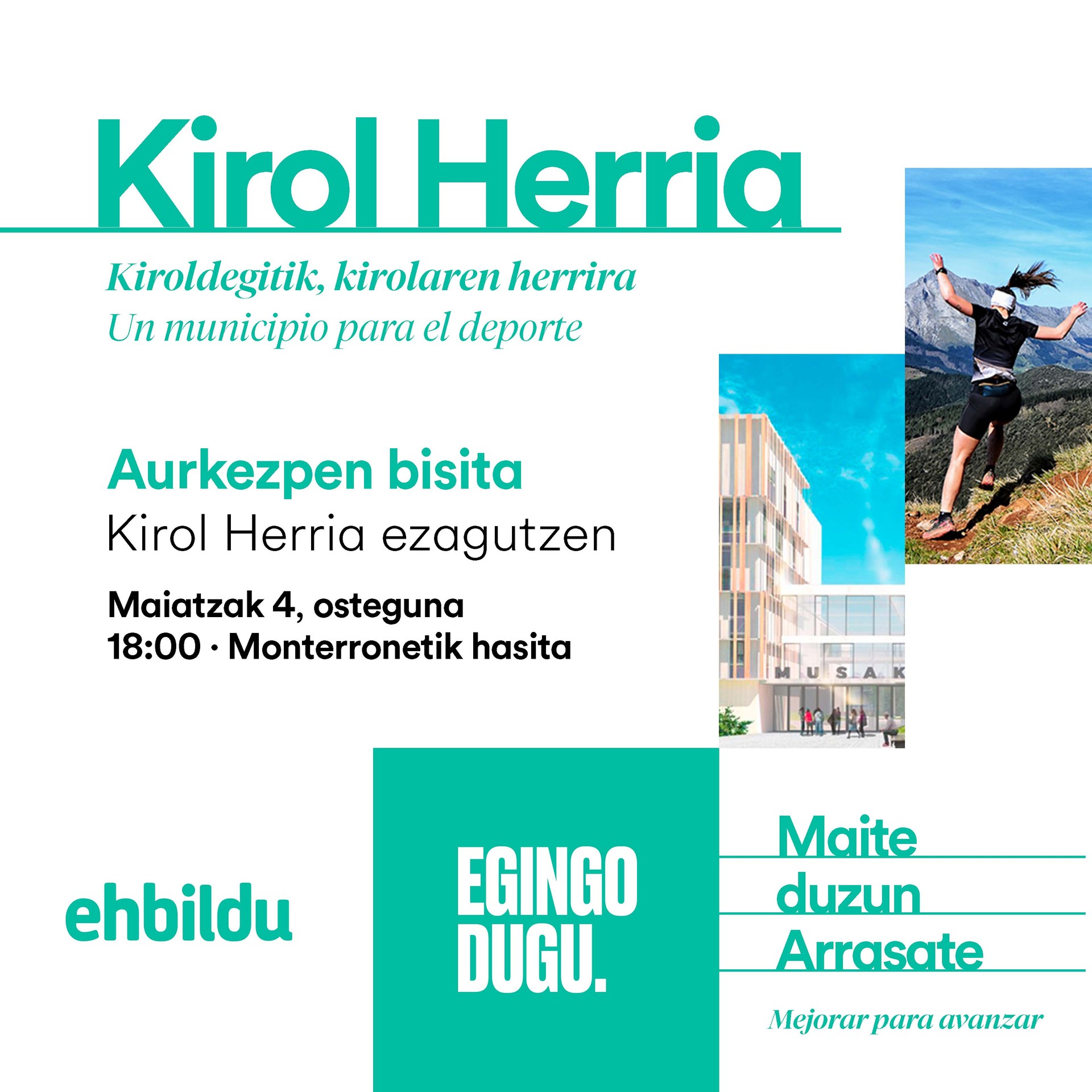 Arrasateko EH Bilduk “Kirol Herria ezagutzen” aurkezpen bisita egingo du maiatzaren 4an kirolaren esparrurako daukan proposamena gertutik ezagutzeko