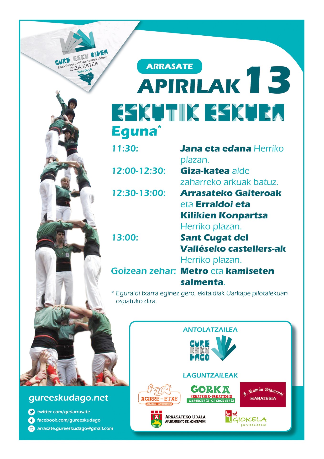 Gure Esku Dago taldeak Eskutik Eskura Eguna antolatu du domekarako, castellers eta guzti