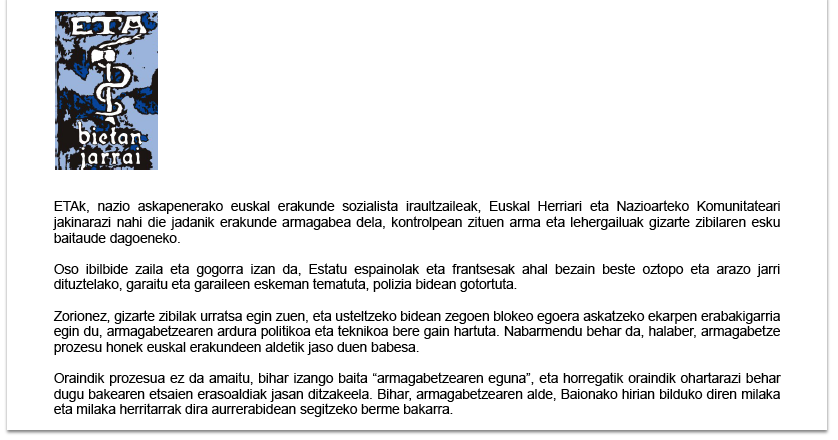 ETAk aditzera eman du "erakunde armagabea" dela dagoeneko