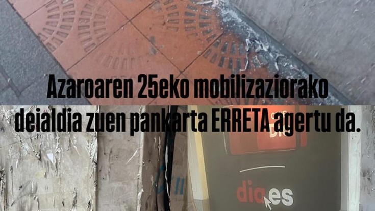 Arrasateko Mugimendu Feministak salatu du Azaroaren 25erako deialdia egiten zuen pankarta erreta agertu dela