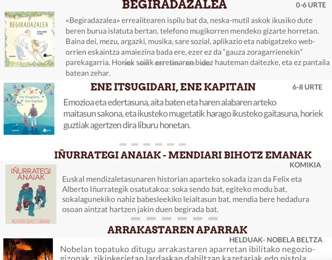 Liburutegian gomendatutako liburuak, bai gaztetxoendako eta baita nagusiendako ere