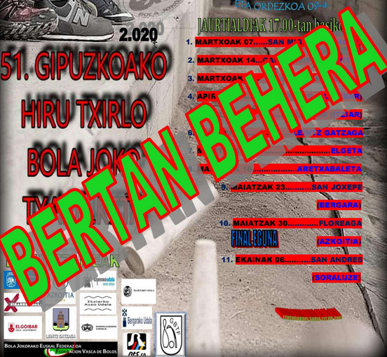 Gipuzkoako 51. hiru txirlo bola joko txapelketa bertan behera