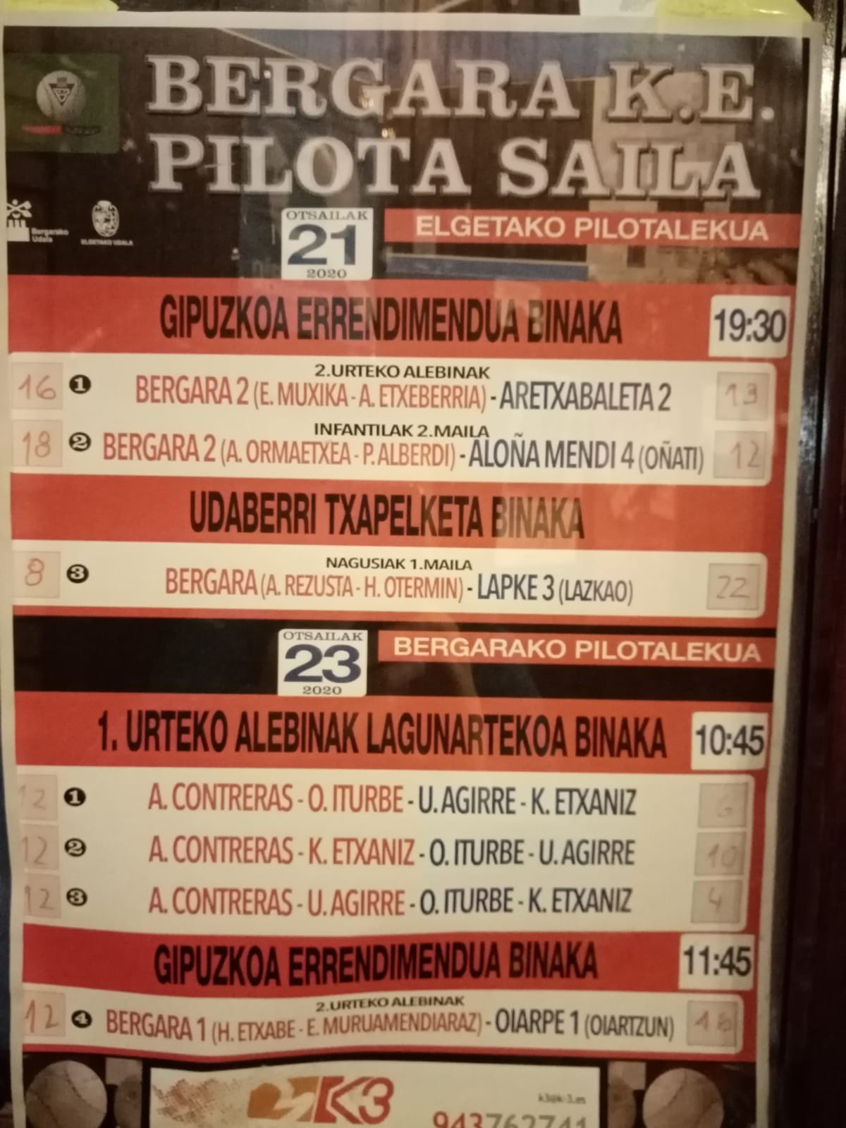 Asteburuko etxeko pilota partiduen emaitzak