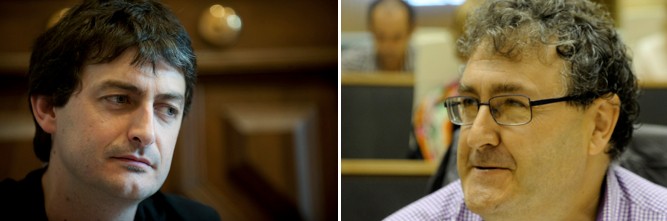 Juan Carlos Alduntzin eta Iñaki Errazkin elkarrekin hiri hondakinen gainean Oñatin