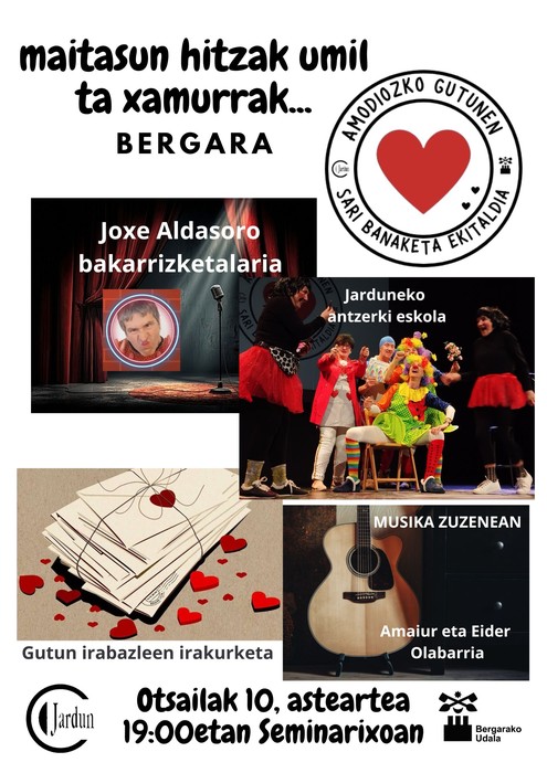 JOXE ALDASORO BAKARRIZKETALARIA, MUSIKA ZUZENEAN EIDER ETA AMAIURREKIN, ANTZERKIA,… AMODIOZKO GUTUNEN SARI BANAKETA EKITALDIAN