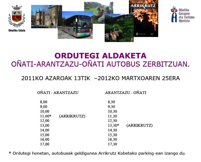 Ordutegi berria Oñatitik Arantzazurako autobus zerbitzuan
