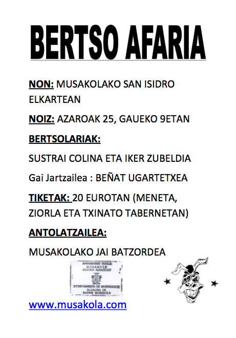 Bertso afaria San Isidro elkartean Musakolako jai batzordearen eskutik, hilaren 25ean
