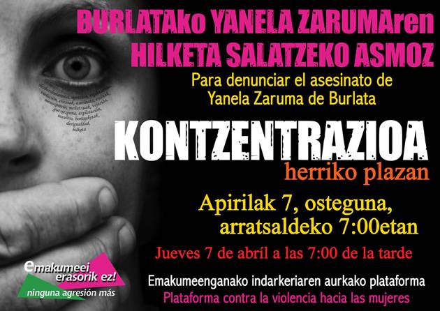 Burlatako emakumearen hilketa salatzeko kale bilkura gaur Arrasaten