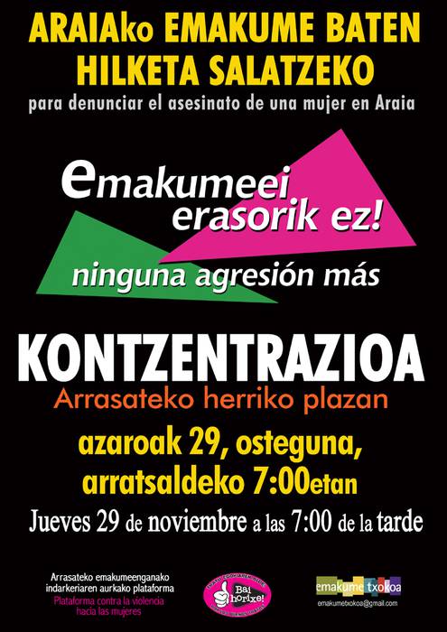Indarkeria matxistak eragindako azken hilketa salatzeko elkarretaratzea bihar