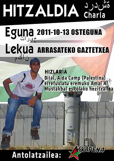 Palestinaren gaineko hitzaldia gaur gaztetxean, gazte palestinar baten ahotik