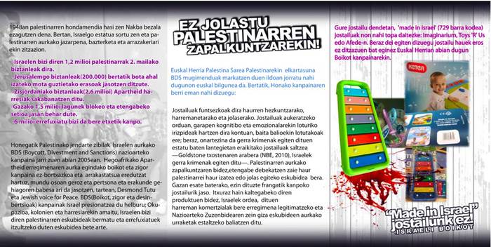 Jostailu israeldarrak ez erosteko deia egin du Askapenak