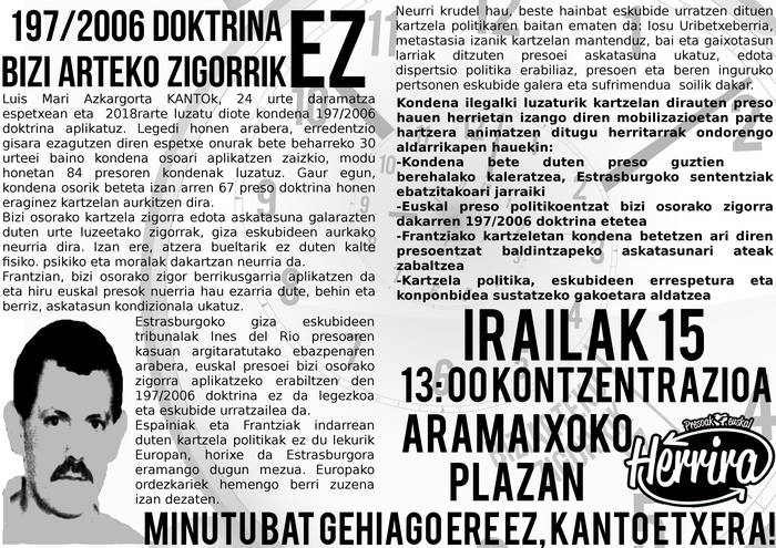 'Minutu bat gehiago ere ez, Kanto etxera!' lemapean, kontzentrazioa egingo dute zapatuan Aramaioko plazan