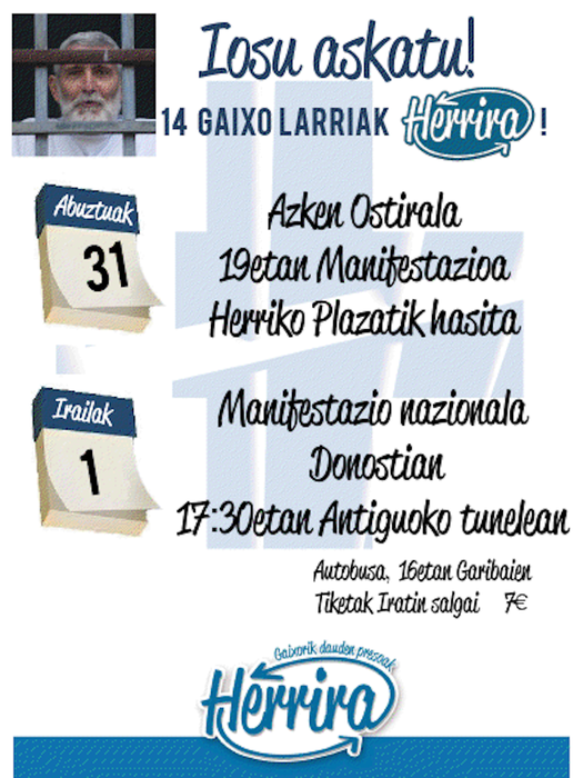 Manifestazioa deitu dute zapaturako Donostian, gaixo dauden presoen alde
